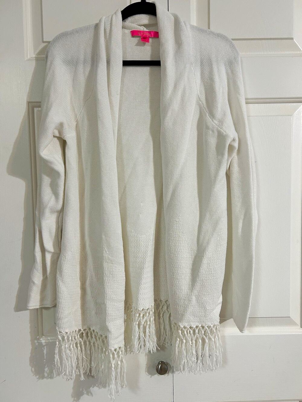 Lilly Pulitzer White Solid Knit Shawl Collar Open Front Fringe Cardigan XL